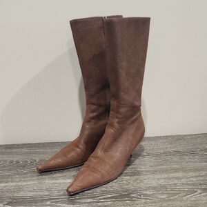 Prada Vintage Leather Pointy Toe Kitten Heel Zip Up Boots